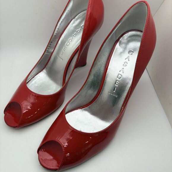 Casadei Red Blade Patent Leather Peep Toe Wedges 6.5 Made In Italy 4 INCH Heel - Picture 4 of 8